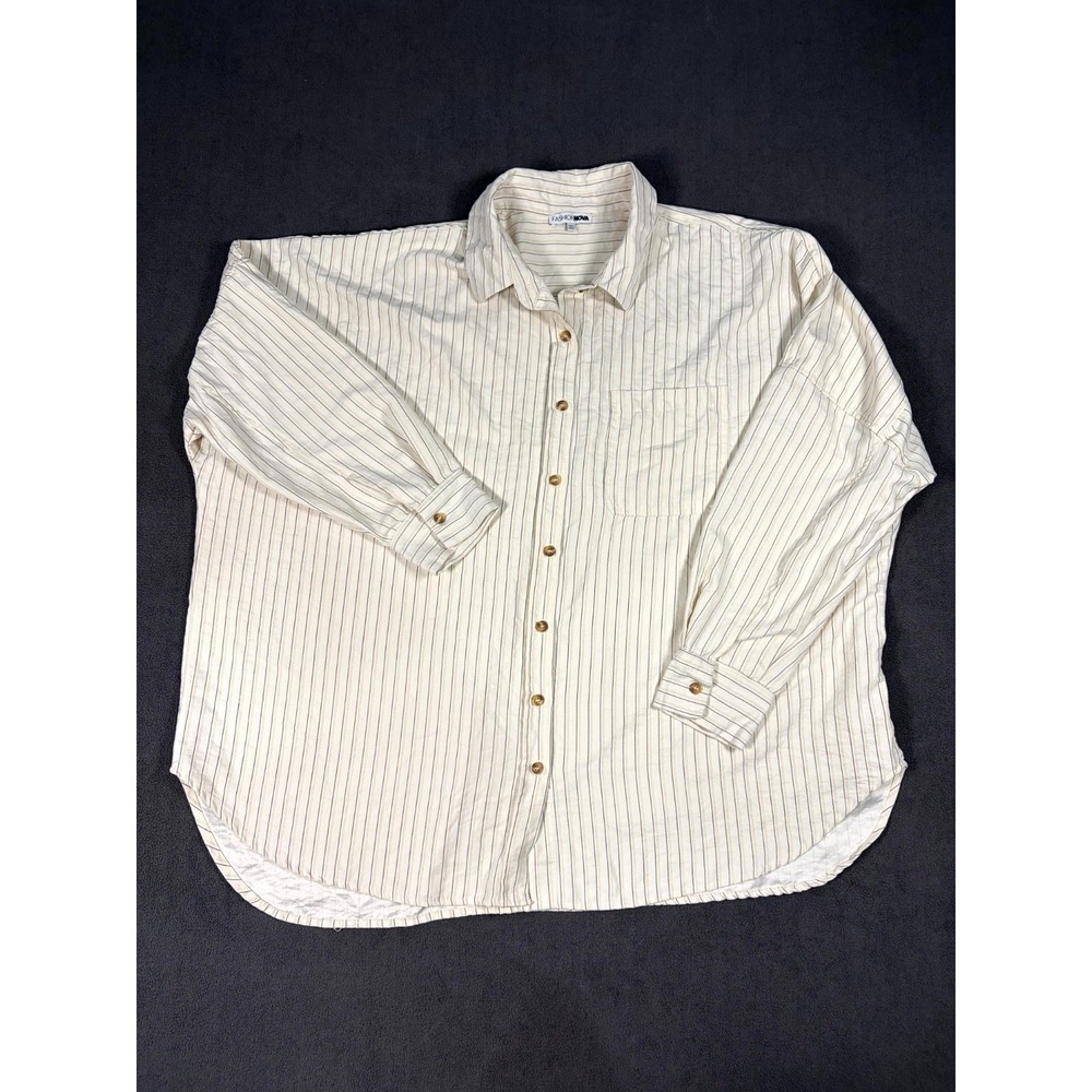 Fashion Nova Make My Move Oversized Shirt Women Medium Cream Pinstripe Button Up